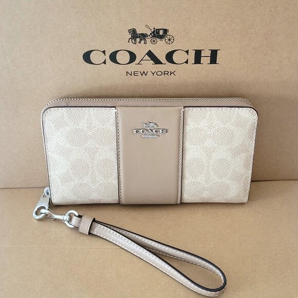 Coach Handbags - Coach CW947 Long Zip Around Wallet Signature Stripe Clutch Wristlet Sand Taupe